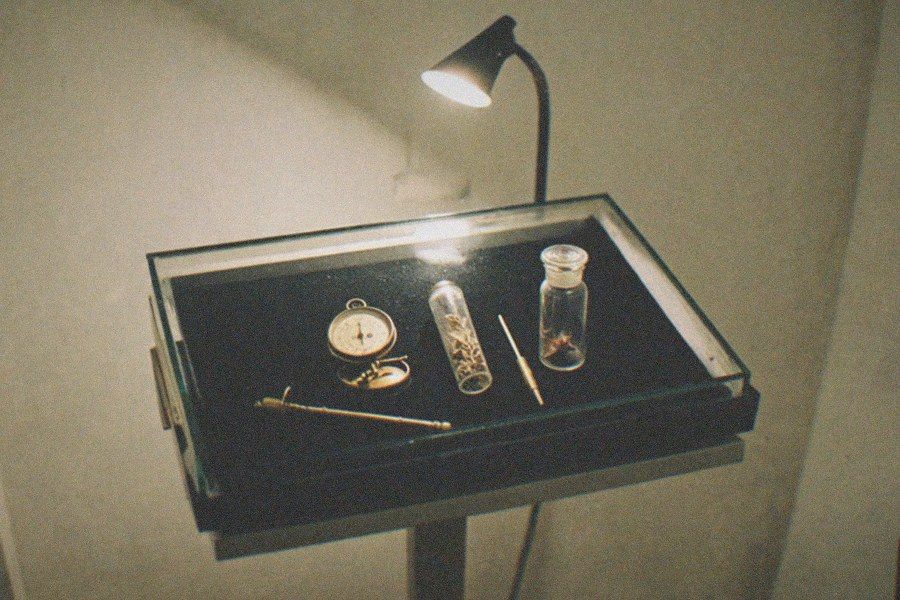 A dimly lit gallery inside the Museum of Jurassic Technology with antique wooden display cases glowing under small lamps